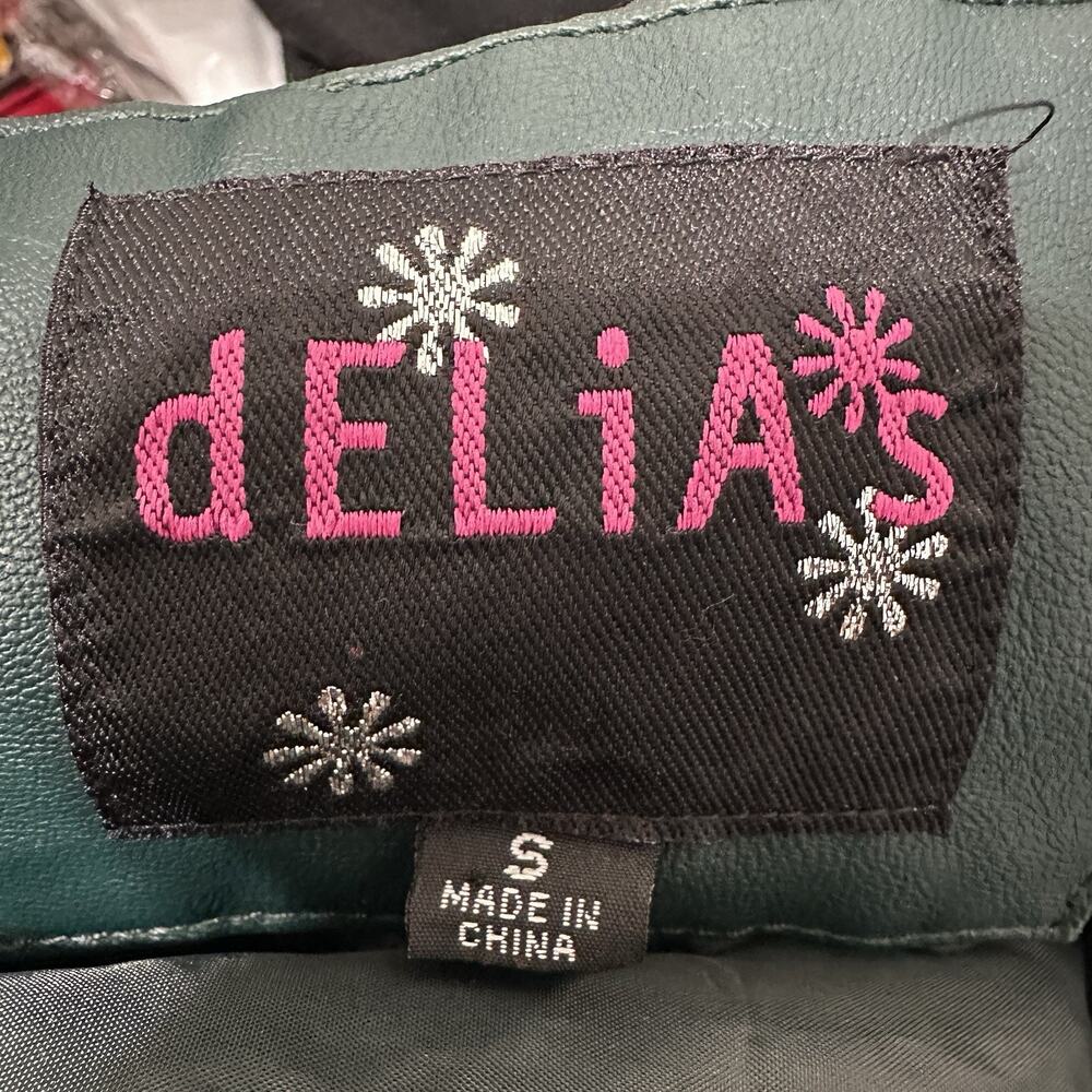 Vintage Y2K Jacket Delias Small Dark Green Faux Vegan Leather Moto Indie Grunge - Picture 11 of 13